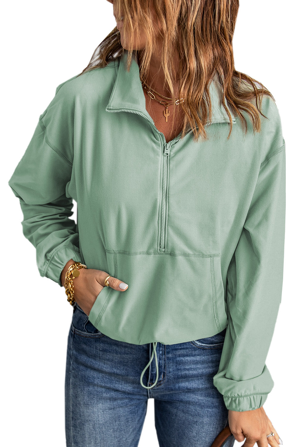 Zip Front Pocketed Pullover Sweatshirt