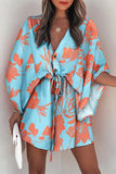 Geometric Print Button Drawstring Batwing Sleeve Dress