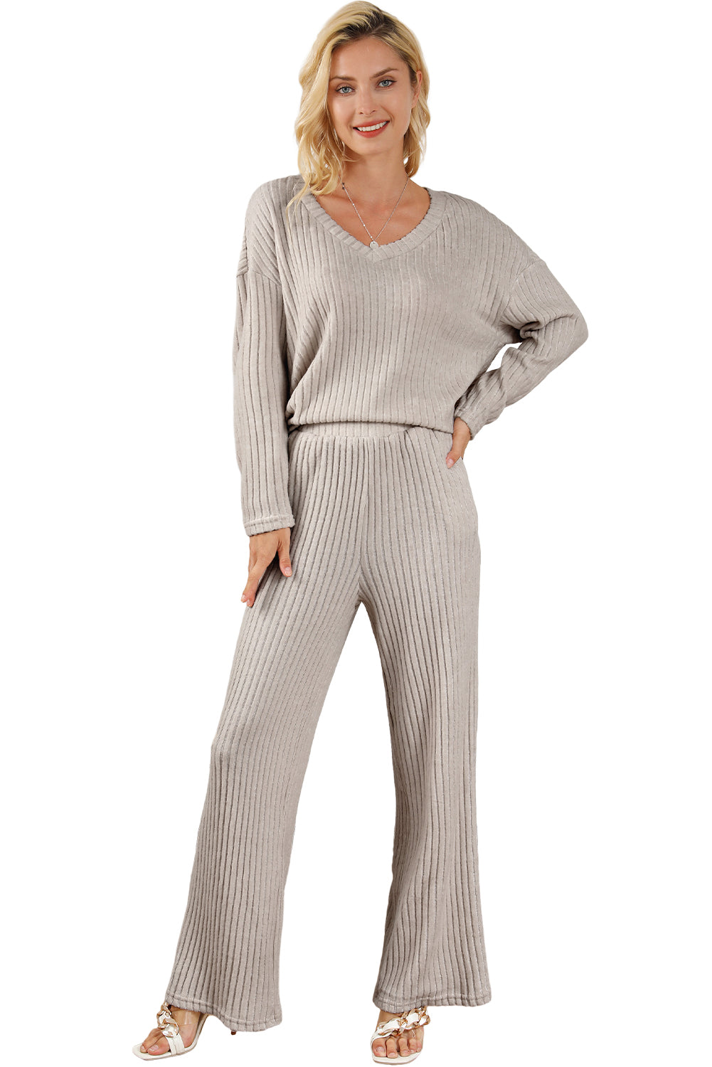 Black Plain Ribbed Loose Fit Two Piece Lounge Set