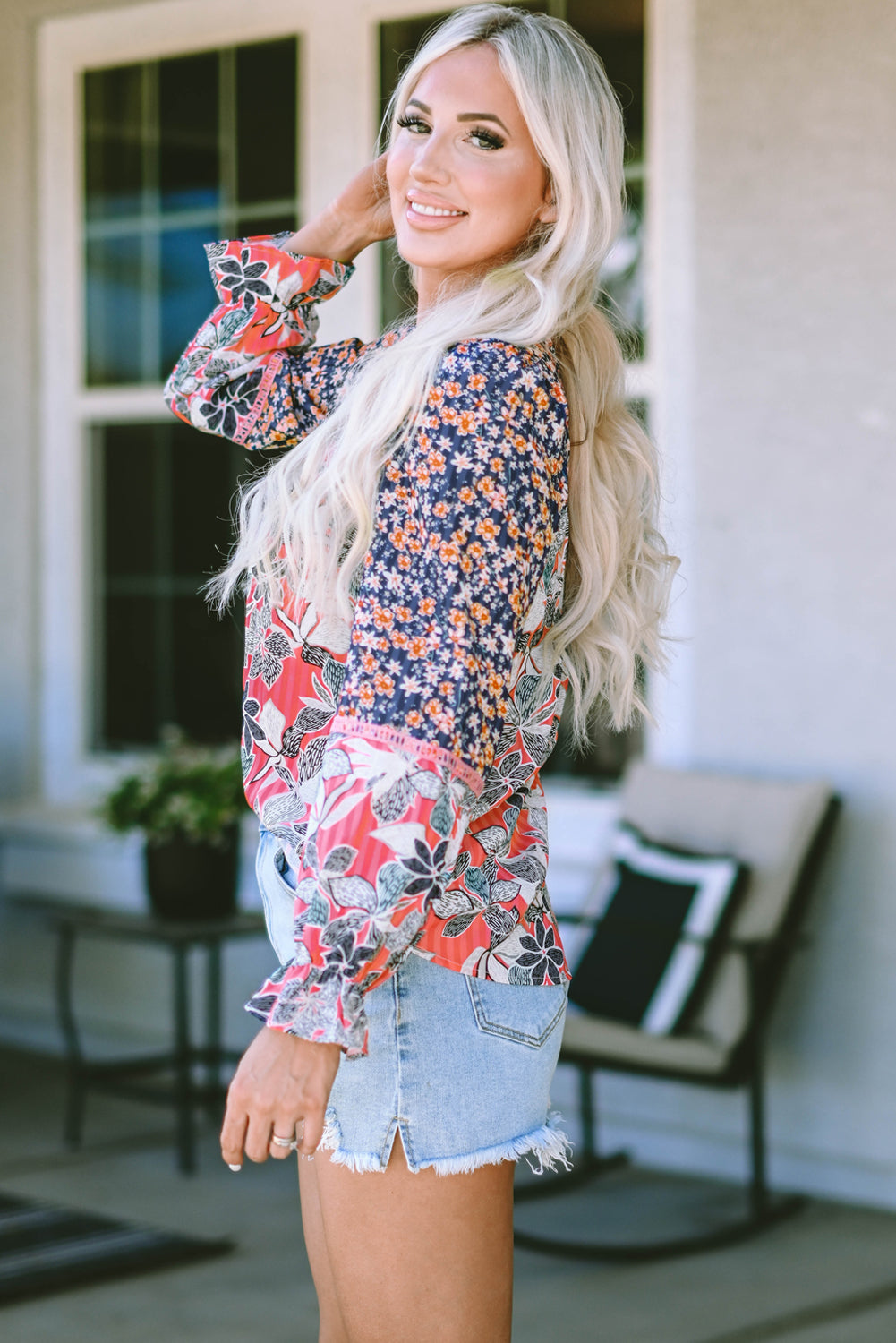 Mix Floral Balloon Sleeve Ruffled Cuff Blouse