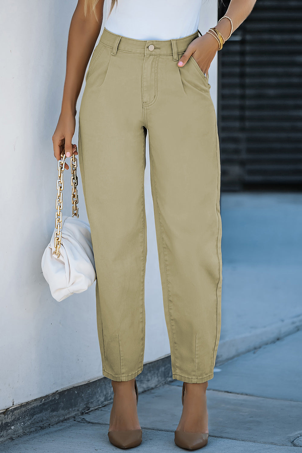 Solid High Waist Casual Pants