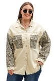 Plus Size Leopard Sleeve Raw Hem Denim Jacket