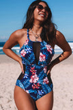 Floral Print Mesh Patchwork Criss Cross One-piece Swimsuit