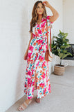 Robe longue florale à manches courtes et col en V Rose