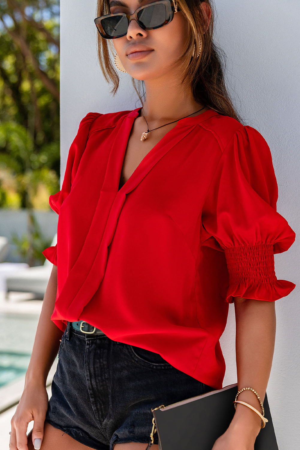 Fiery Red Solid Color Half Sleeve V Neck Blouse