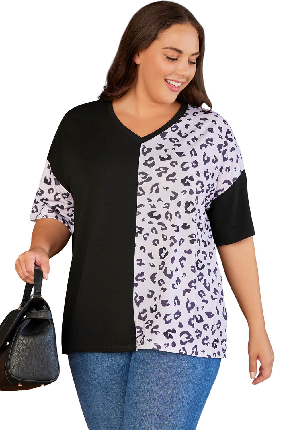 Plus Size Leopard Patchwork Short Sleeve Top