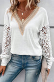 White Lace Splicing V Neck Puff Sleeve Top