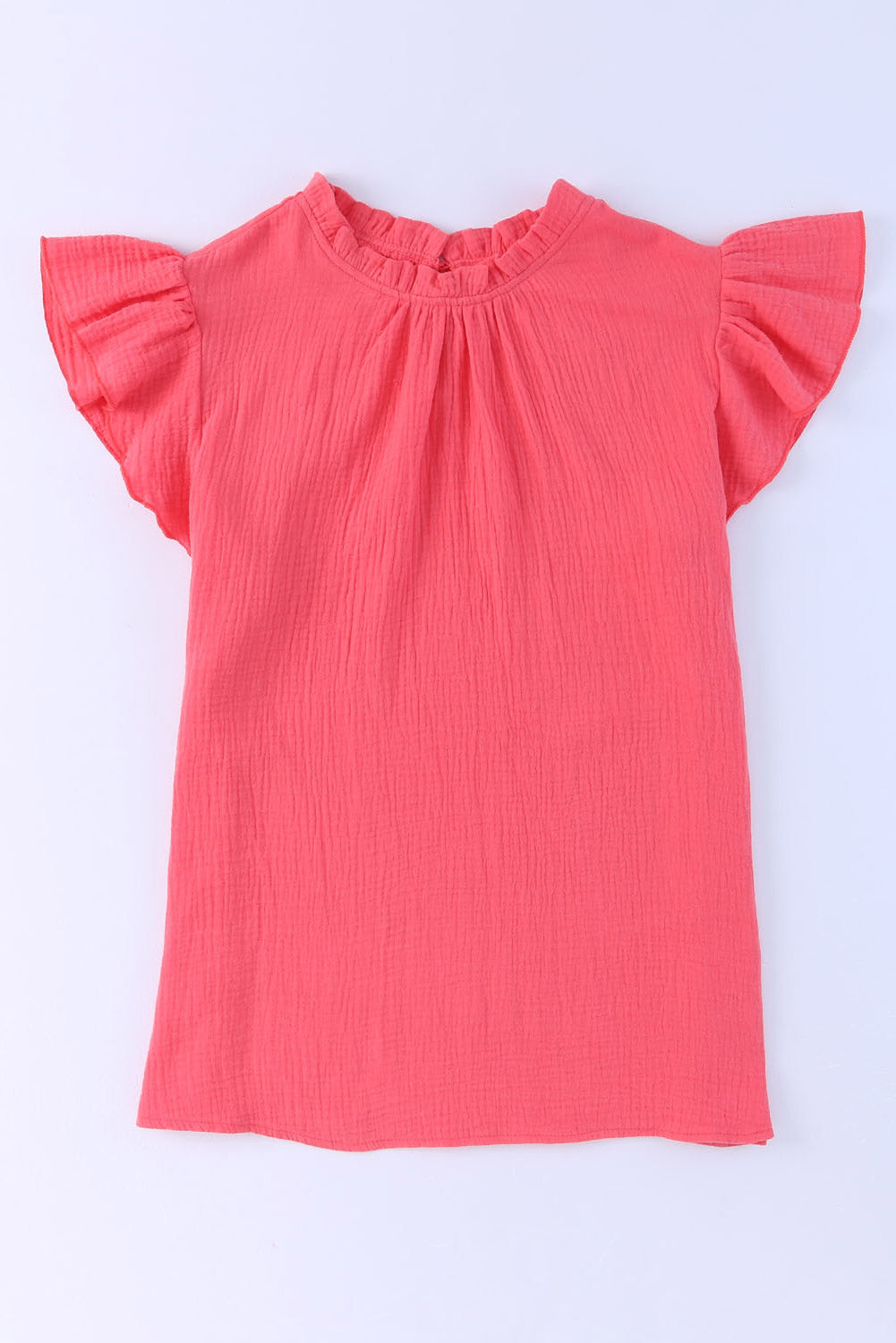 Blouse texturée froissée rose à manches bouffantes et à volants