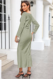 Drape Neck Tie Waist Long Sleeve Slit Dress