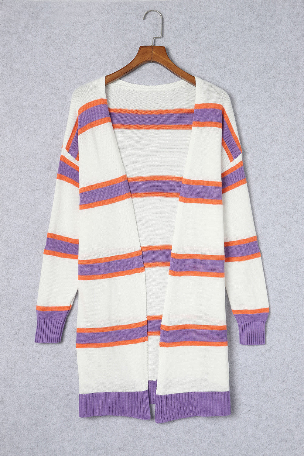 Striped Long Sleeve Ribbed Trim Button Cardigan