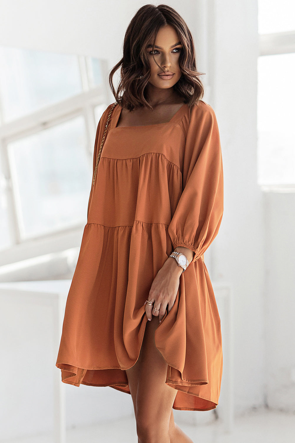 Square Neck Half Sleeve High Low Mini Dress