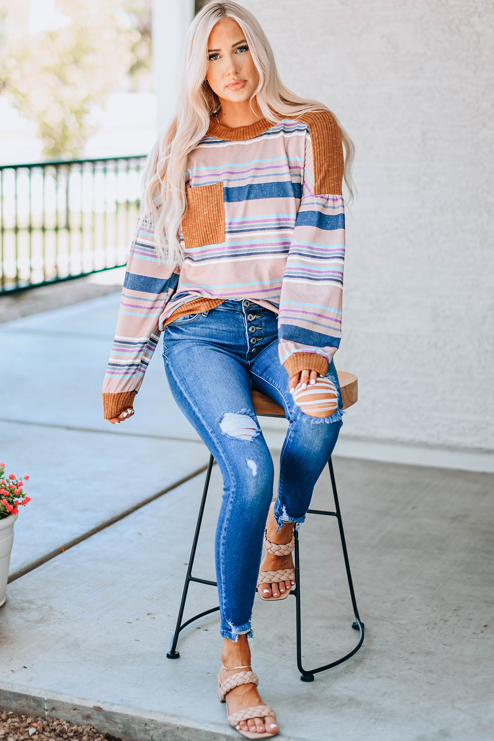 Striped Print Ribbed Knit Patchwork Pullover Top