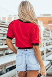 Purple Sequin Rugby Color Block Puff Short Sleeve Sweater