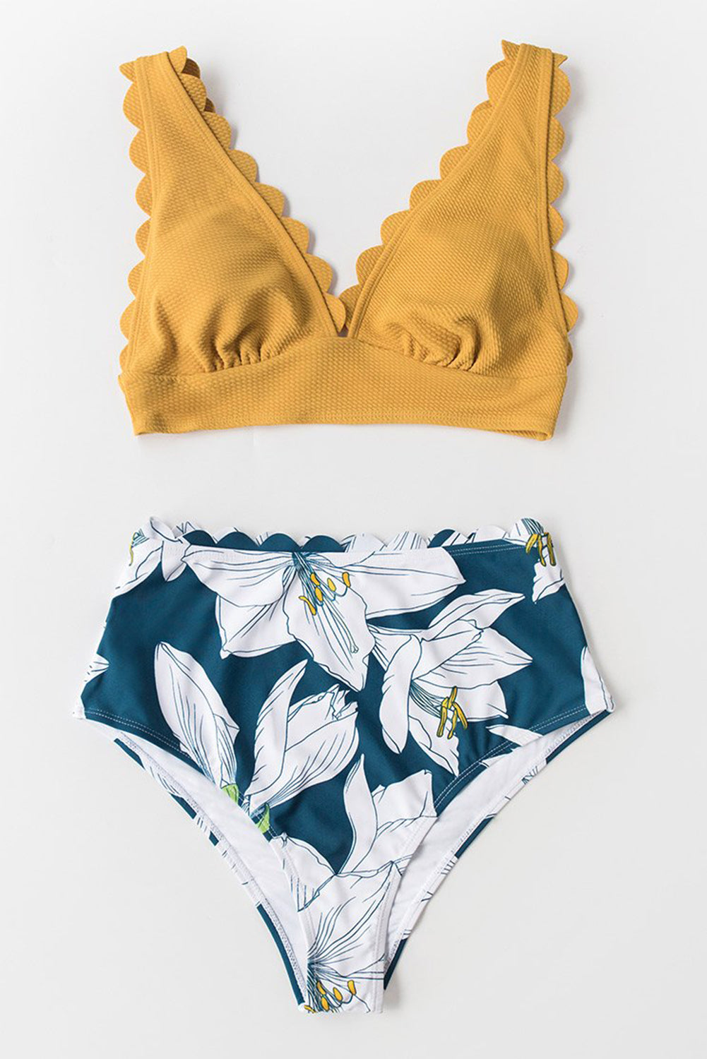 Solid V-Neck Scalloped Floral Bikini