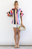 Color Block Striped Puff Sleeve Buttoned Shirt