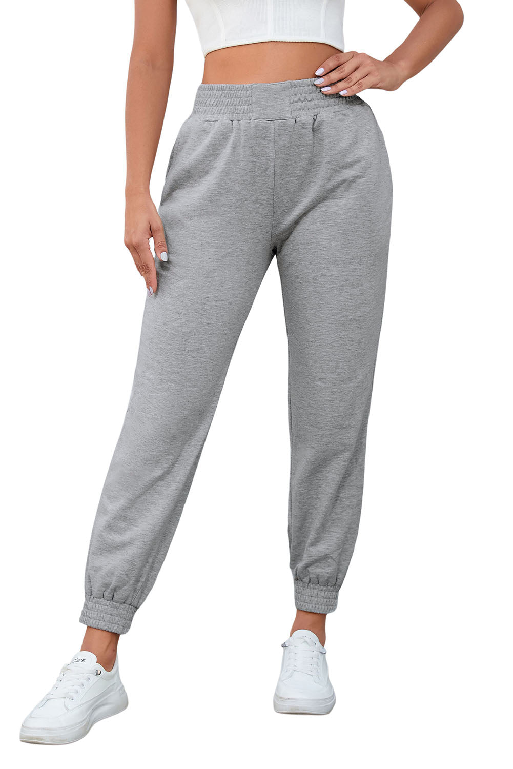 Pantalon de jogging taille haute smocké gris 