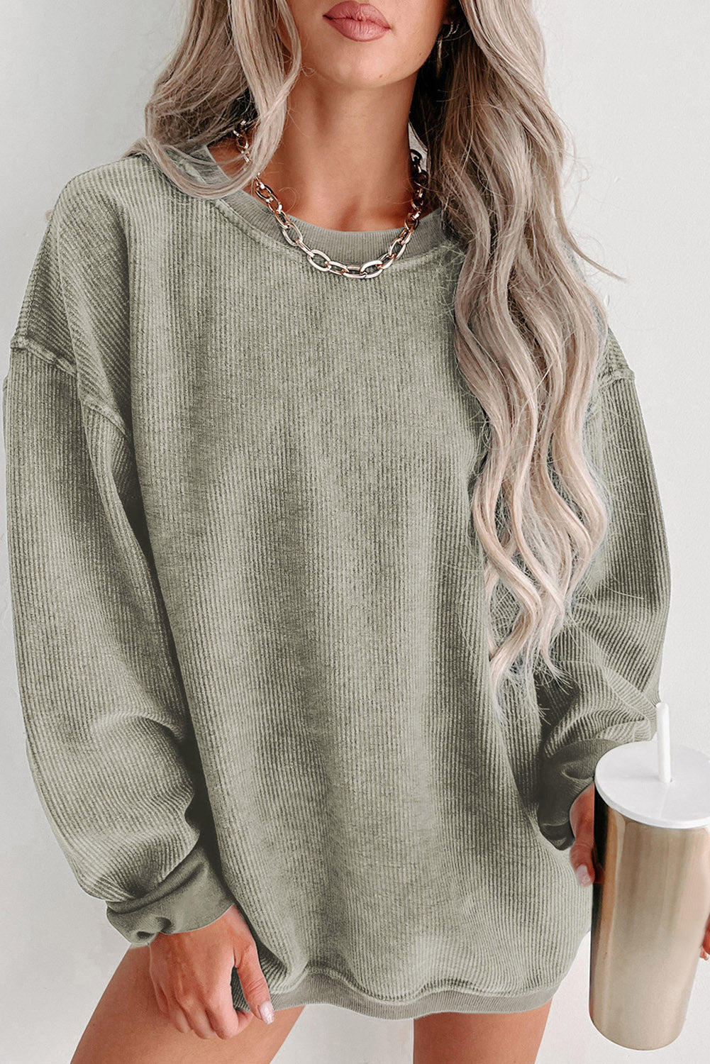 Pink Solid Ribbed Knit Round Neck Pullover Sweatshirt