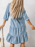 Ruffled Denim Full Buttoned Midi Dress