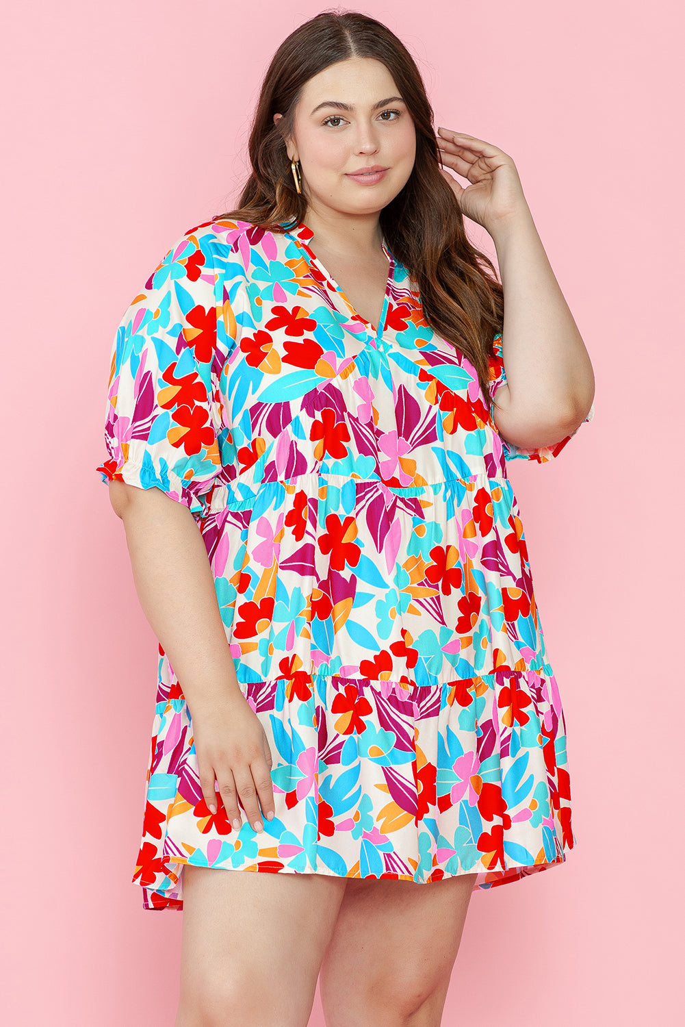 Multicolour Floral Tiered V Neck Plus Dress