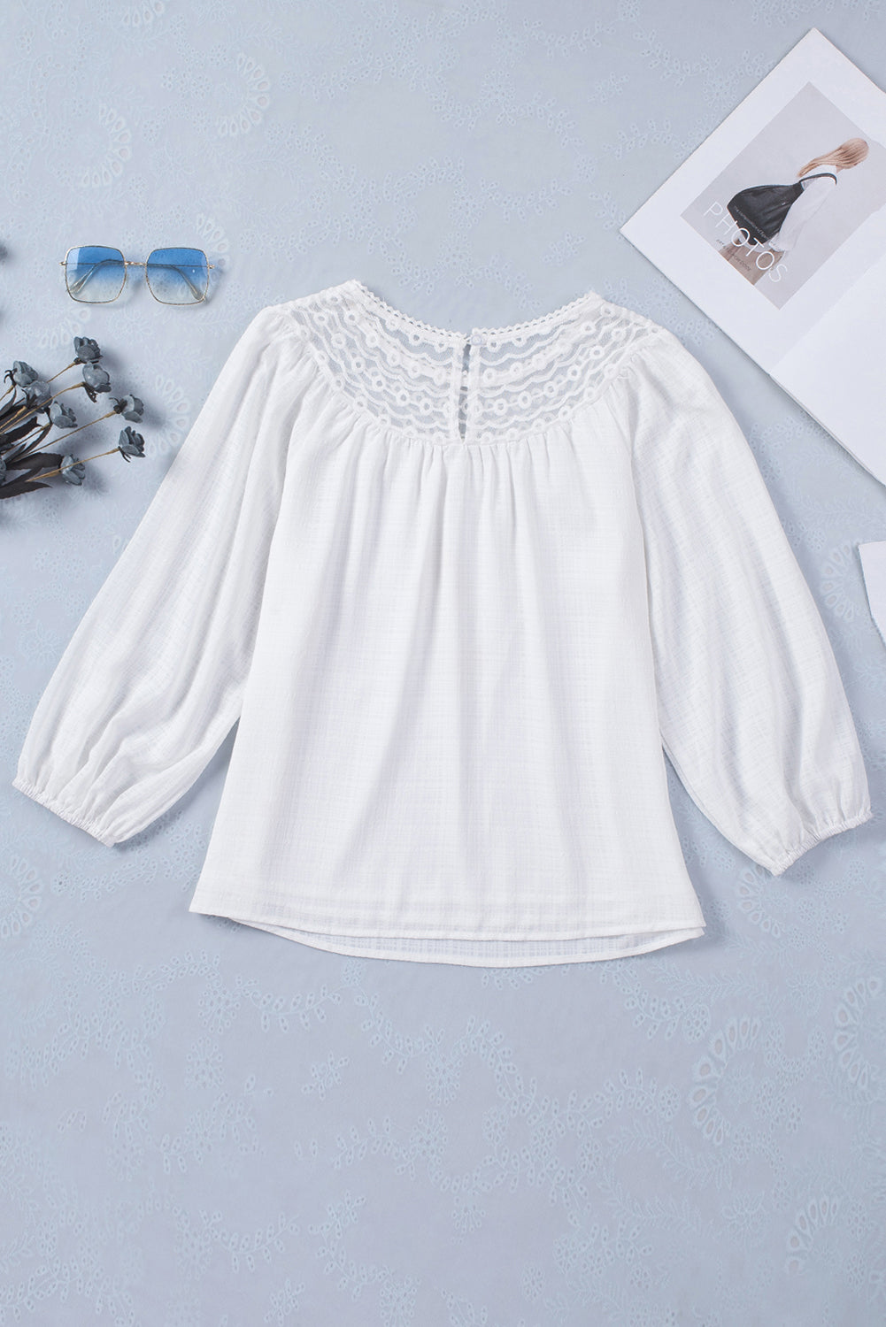 Textured Lace Contrast Ruched Blouse