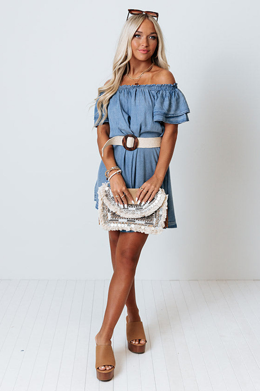 Off-shoulder Ruffle Sleeves Chambray Dress