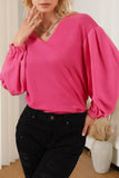 Rose Waffle Knit Balloon Sleeve Splicing V Neck Top