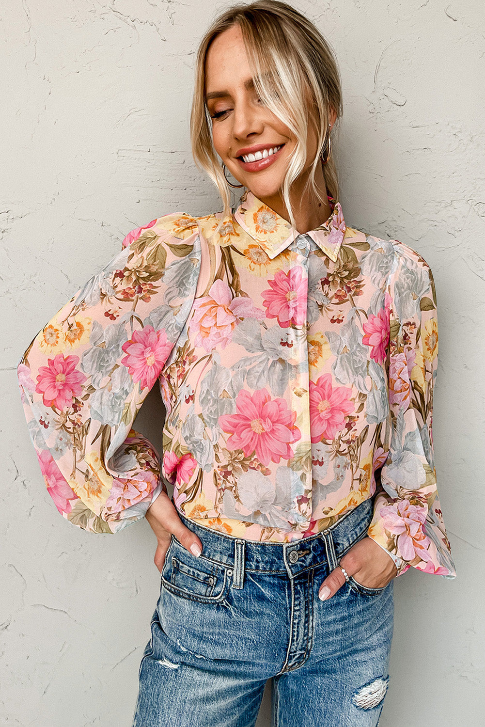 Pink Floral Print Tiered Ruffled Long Sleeve Blouse