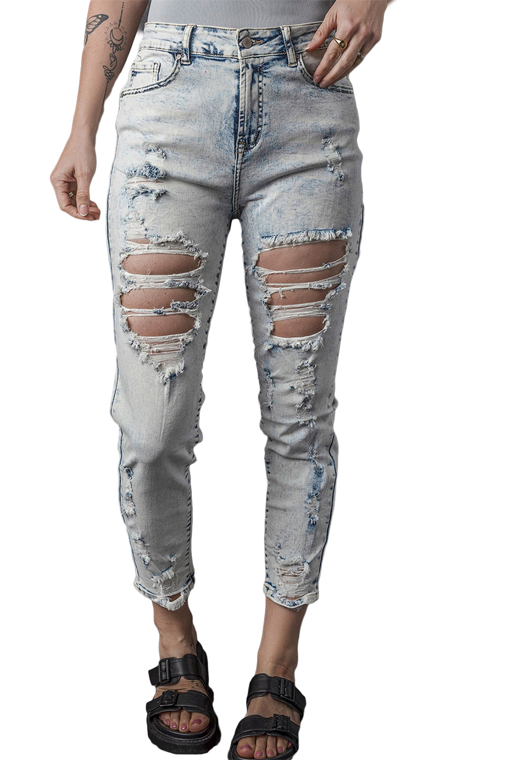 Sky Blue Vintage Washed Heavy Destroyed Skinny Jeans