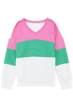 Ribbed V Neck Color Block Patchwork Sweatshirt