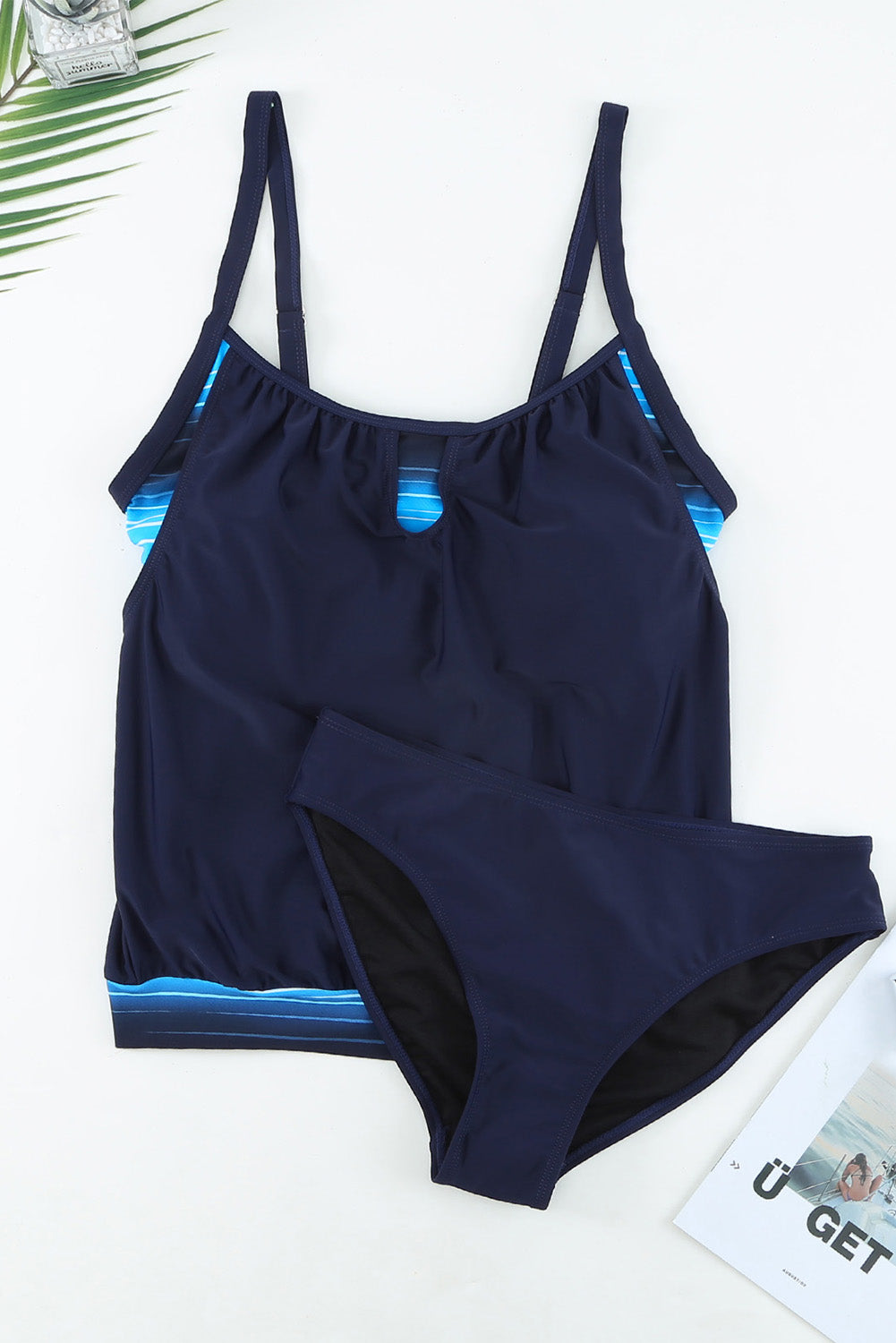 Navy Gradient Color Patchwork Spaghetti Strap Tankini Set