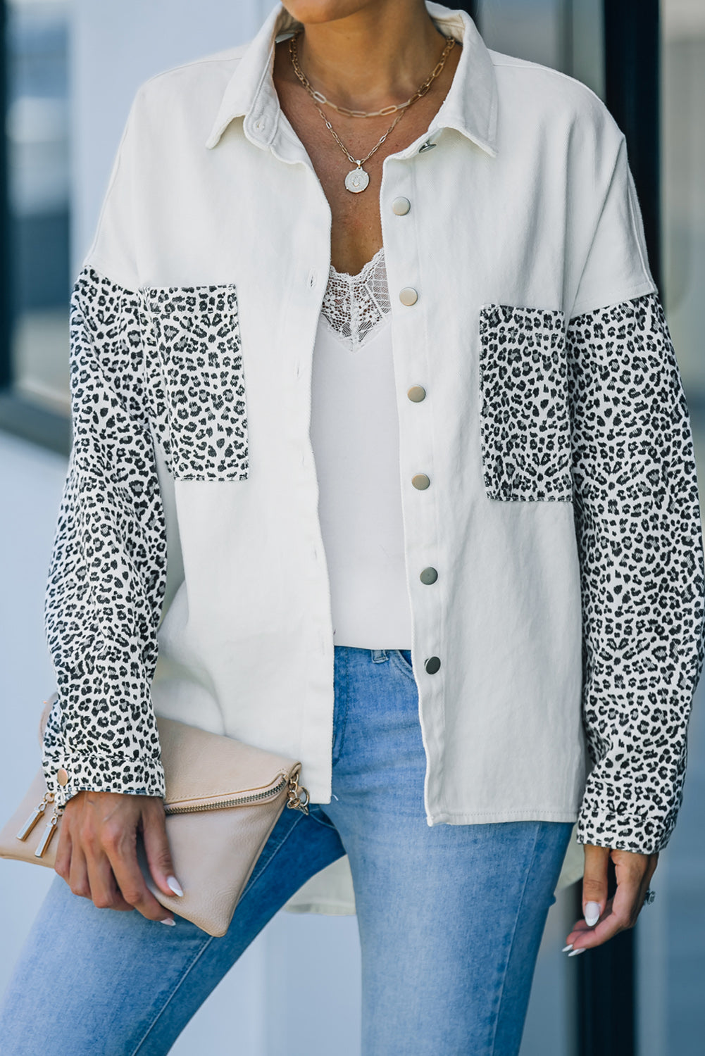 Contrast Leopard Denim Jacket