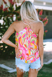 Abstract Floral Print Knotted Halter Tank Top