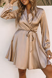 Satin V Neck Wrap Long Sleeve Dress with Tie