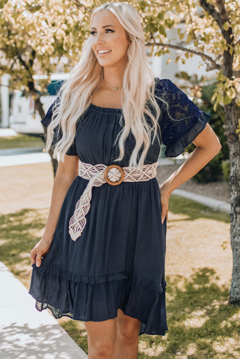 Lace Ruffle Sleeve Cinch Waist Smocking Dress