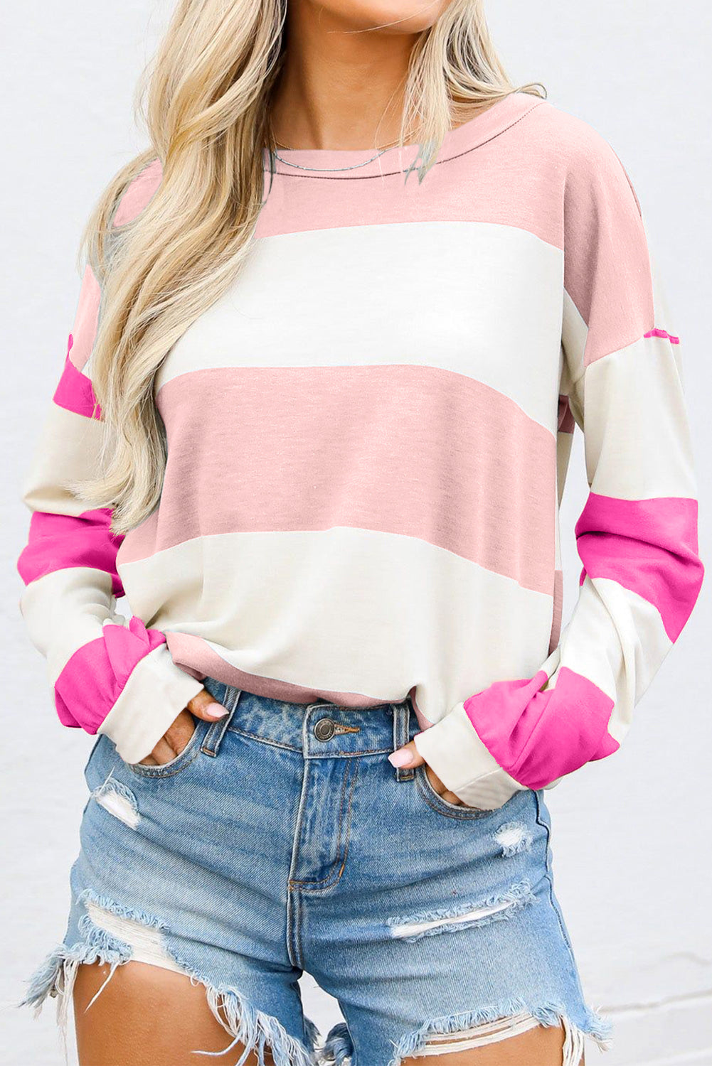 Rose Red Colorblock Striped Drop Shoulder Long Sleeve Top