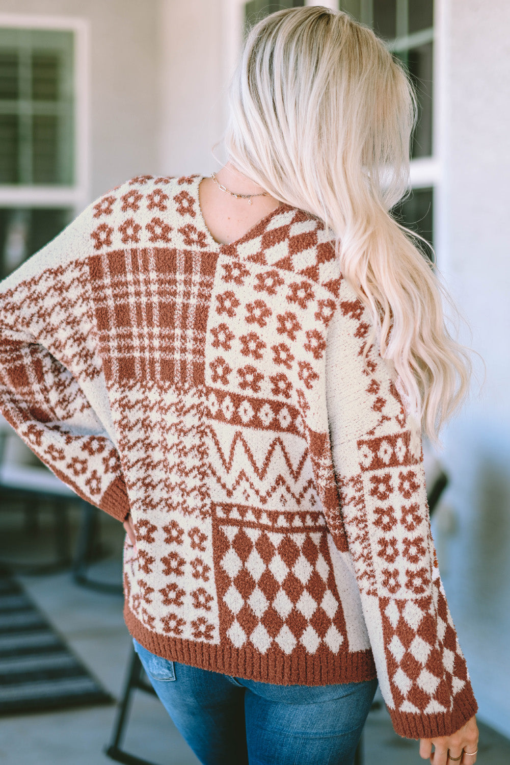 Mixed Pattern V-Neck Oversized Sweater