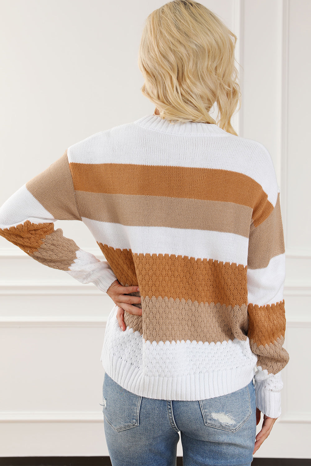 Chestnut Striped Cable Knit Drop Shoulder Sweater