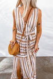 Striped V Neck Sleeveless Maxi Dress with Tie