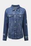 Sky Blue Lapel Distressed Raw Hem Buttons Denim Jacket