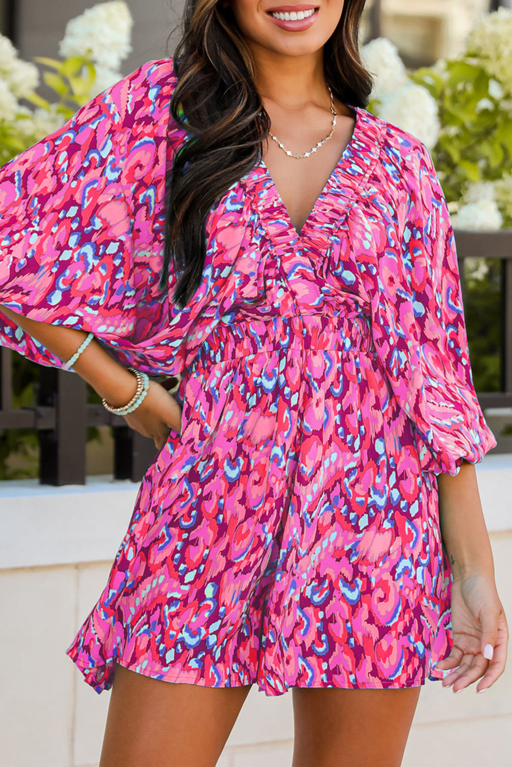 Pink Abstract Print Puff Sleeve V Neck High Waist Romper