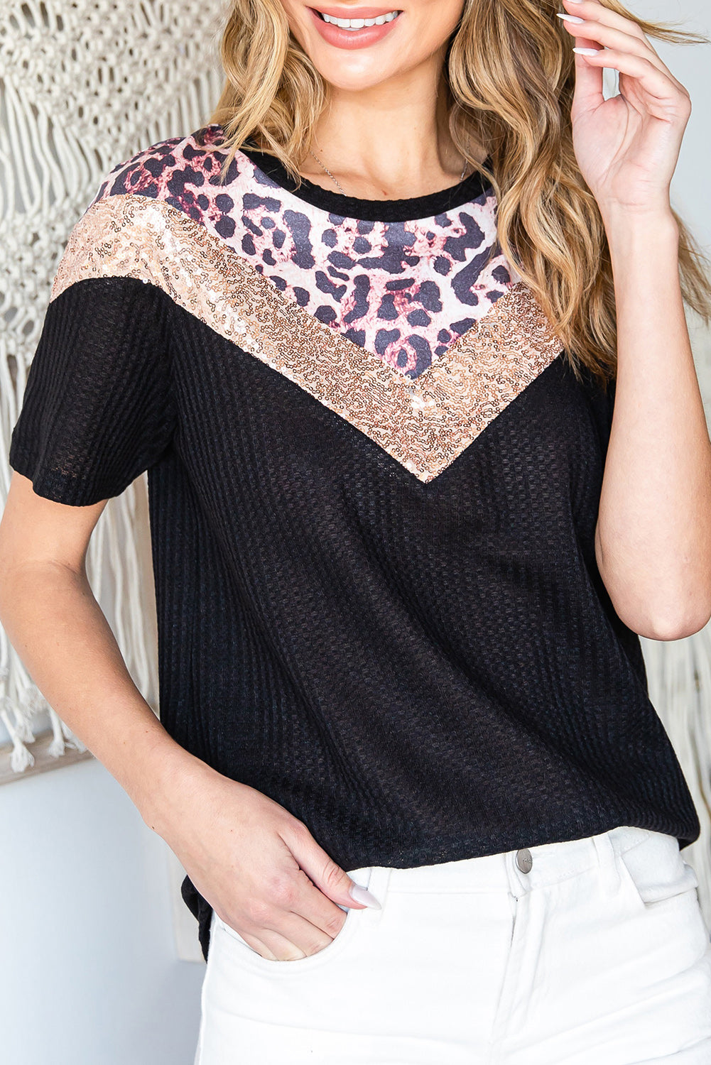 Leopard Sequin Waffle Knit Short Sleeve T-shirt