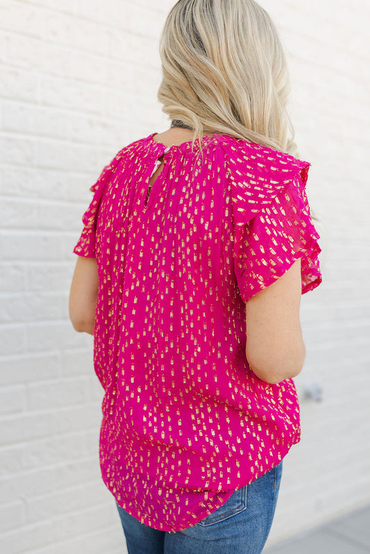 Dotted Gold Stamp Tiered Ruffled Short Sleeve Top