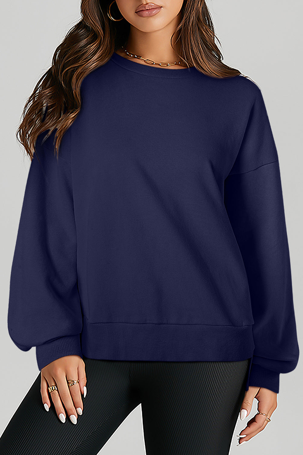 Parchment Solid O Neck High Low Hem Pullover Sweatshirt