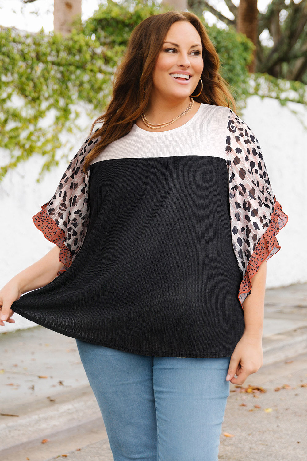 Waffle Knit Animal Print Ruffle Sleeves Plus Size Top