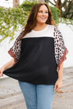 Black Waffle Knit Animal Print Ruffle Sleeves Plus Size Top