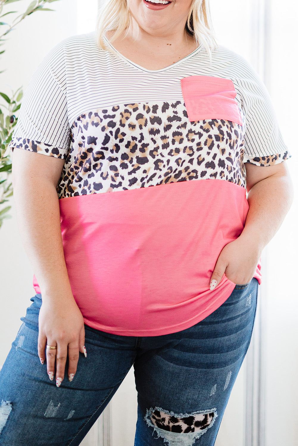 T-shirt léopard rayé rose à blocs de couleurs grande taille