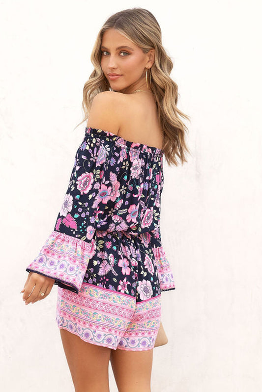 Floral Patchwork High Waist Off Shoulder Romper