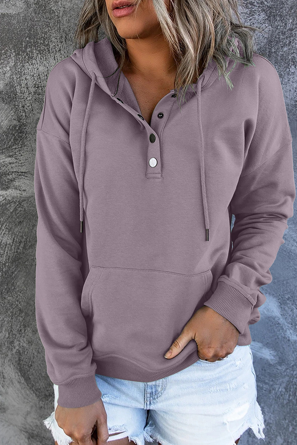 Snap Button Pullover Hoodie with Pocket