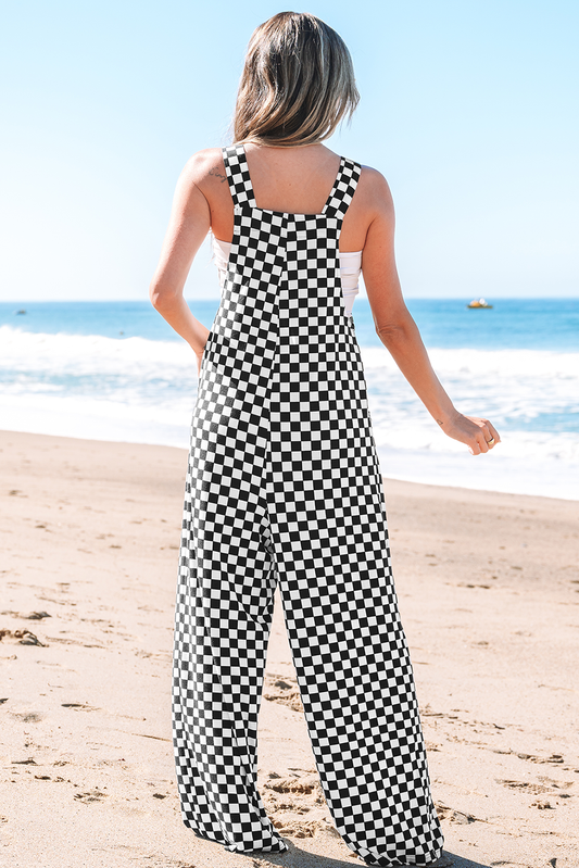 Black Checkered Print Pocketed Wide Leg Jumpsuit