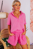 Rose Crinkle Textured Polo Shirt and High Waist Shorts Set